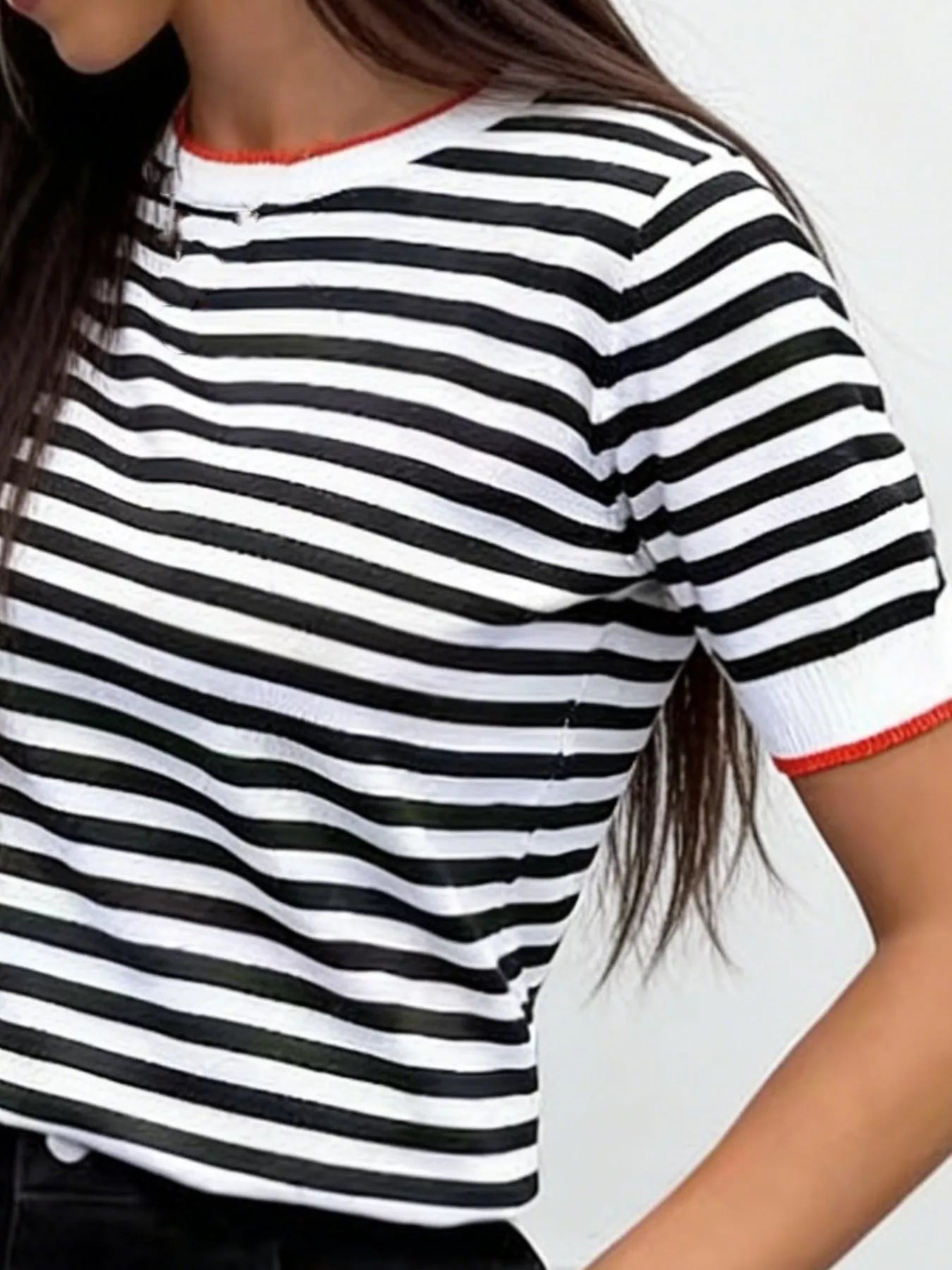 Contrast Trim Striped Short Sleeve Knit Top - Trendsi - Flyclothing LLC