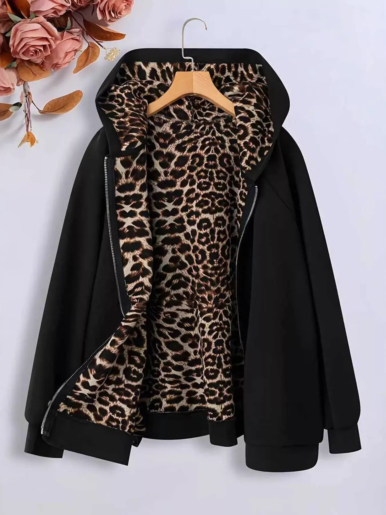 Hooded Leopard Lined Zip-Up Outerwear - Trendsi - Flyclothing LLC