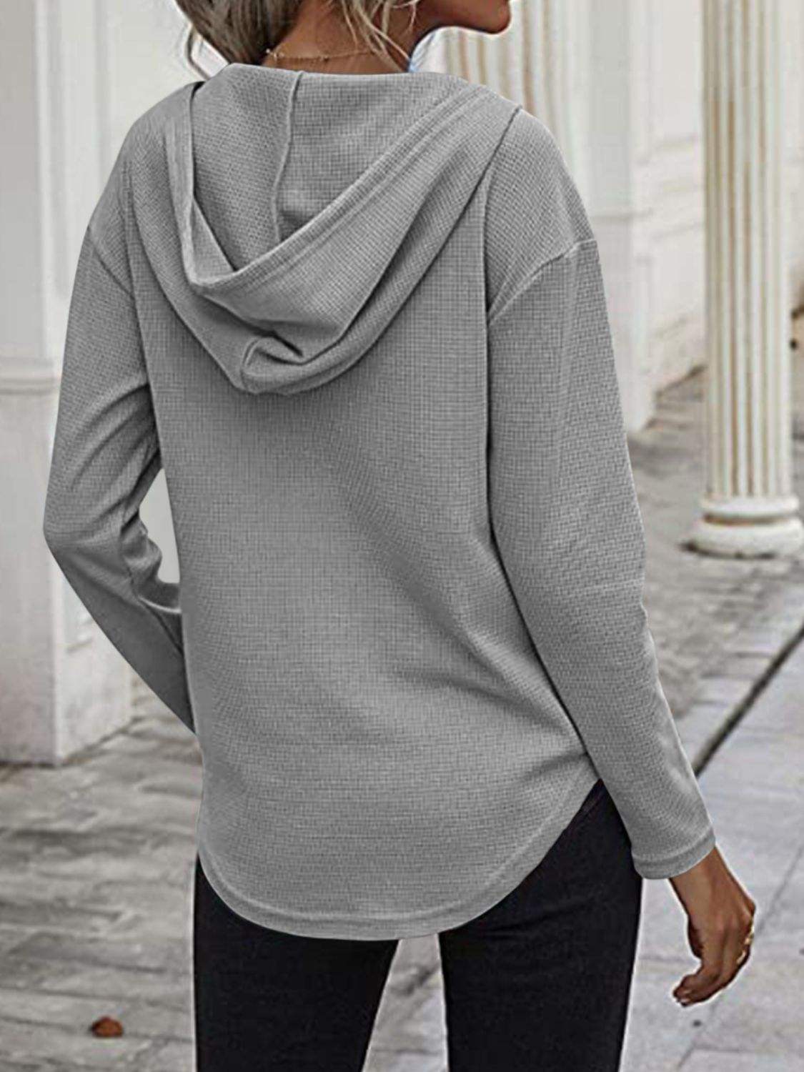 Drawstring Waffle Knit Long Sleeve Hooded Top - Trendsi - Flyclothing LLC