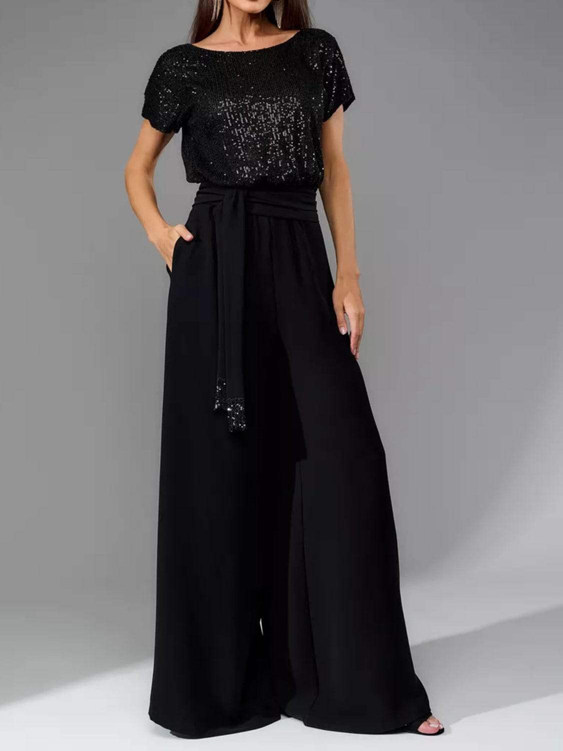 Full Size Sequin Round Neck Short Sleeve Wide Leg Jumpsuit - Trendsi - Flyclothing LLC