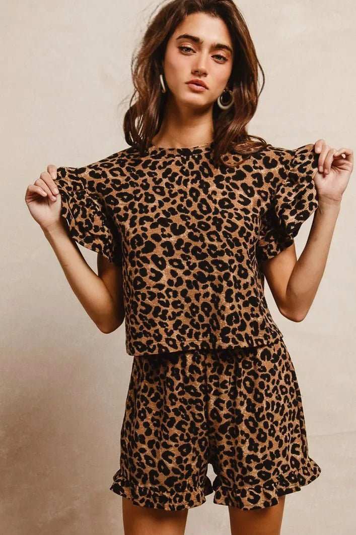 BiBi Leopard Print Waffle Texture Layered Ruffle Sleeve Top and Shorts Set - Trendsi - Flyclothing LLC
