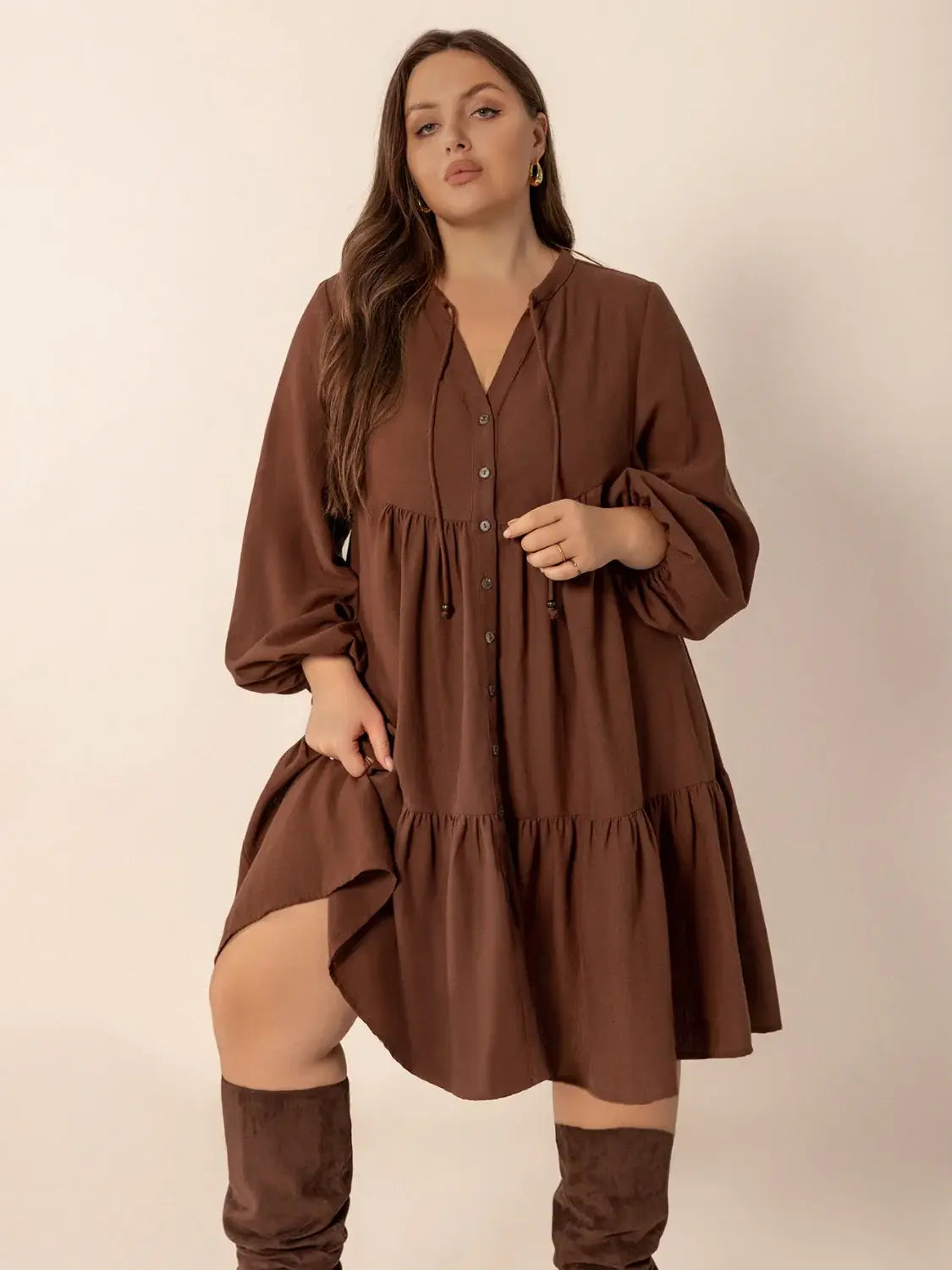Plus Size Tie Neck Balloon Sleeve Tiered Dress - Trendsi - Flyclothing LLC
