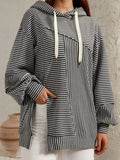 Slit Drawstring Striped Long Sleeve Hoodie - Trendsi