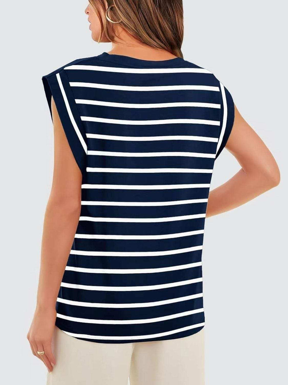 Florira Striped Round Neck Cap Sleeve T-Shirt - Trendsi - Flyclothing LLC