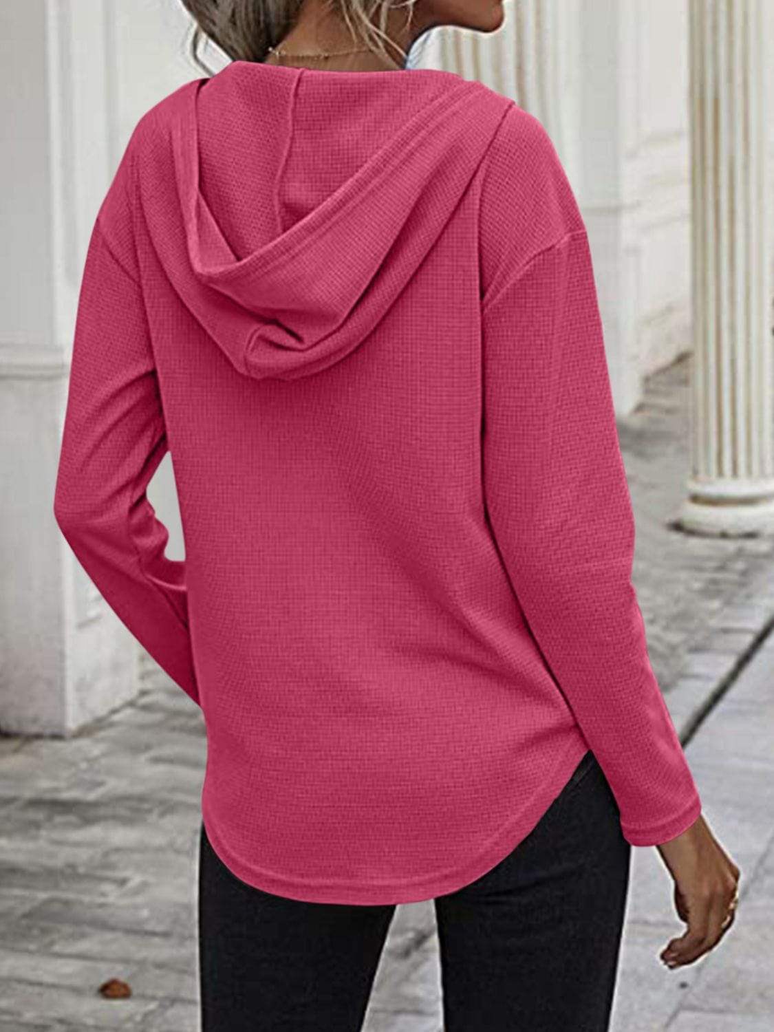 Drawstring Waffle Knit Long Sleeve Hooded Top - Trendsi - Flyclothing LLC