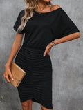 Ruched Boat Neck Short Sleeve Dress - Trendsi
