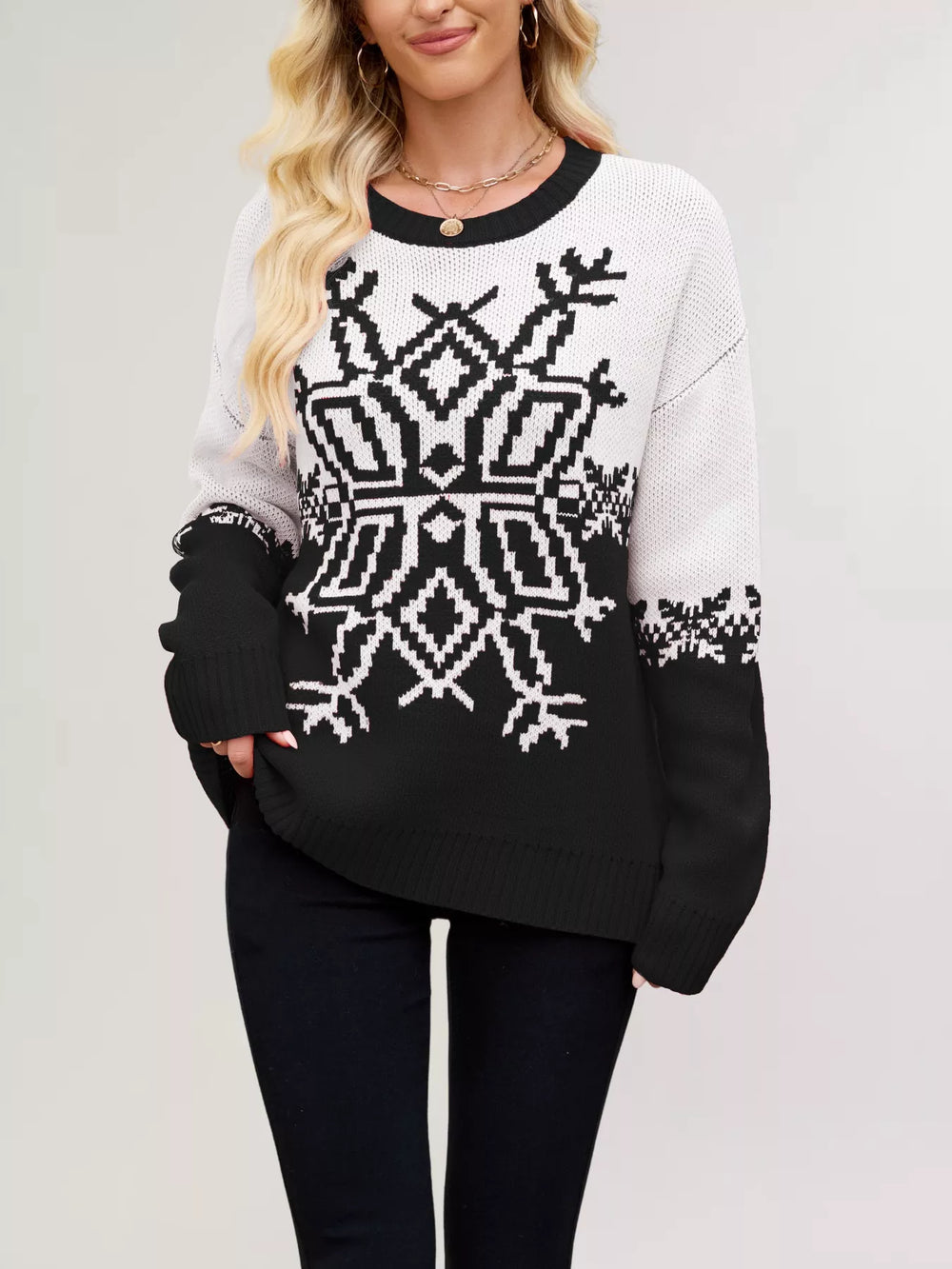 Christmas Snowflake Round Neck Sweater - Trendsi - Flyclothing LLC