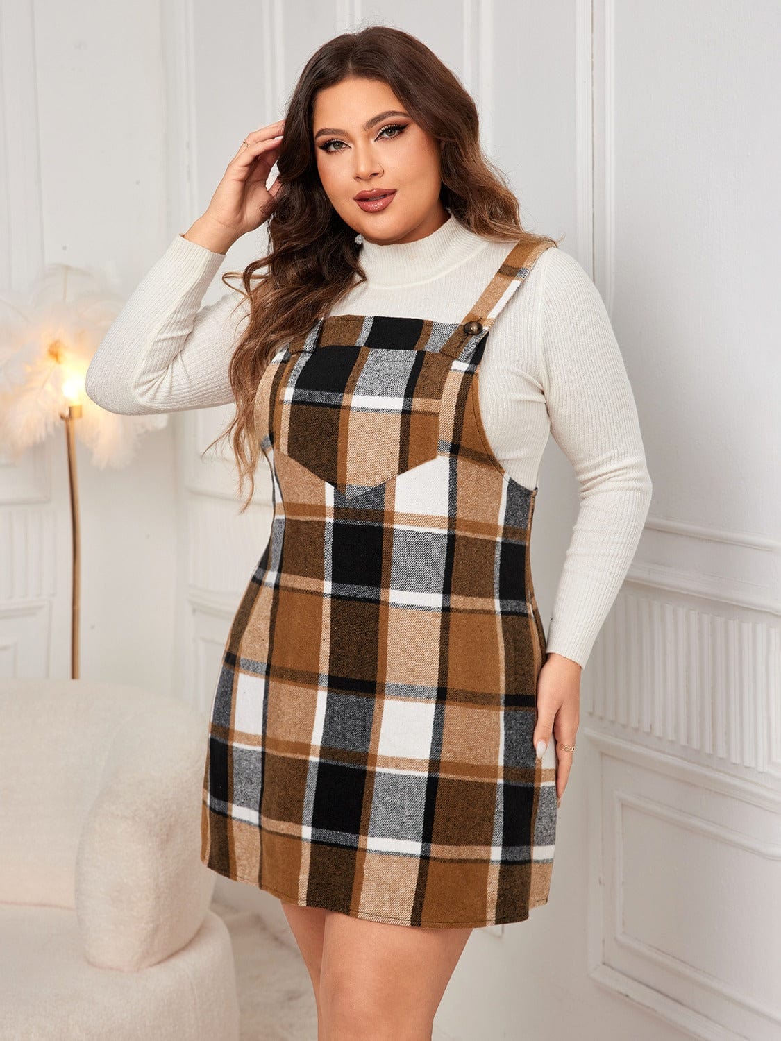 Plus Size Plaid Wide Strap Overall Dress - Trendsi