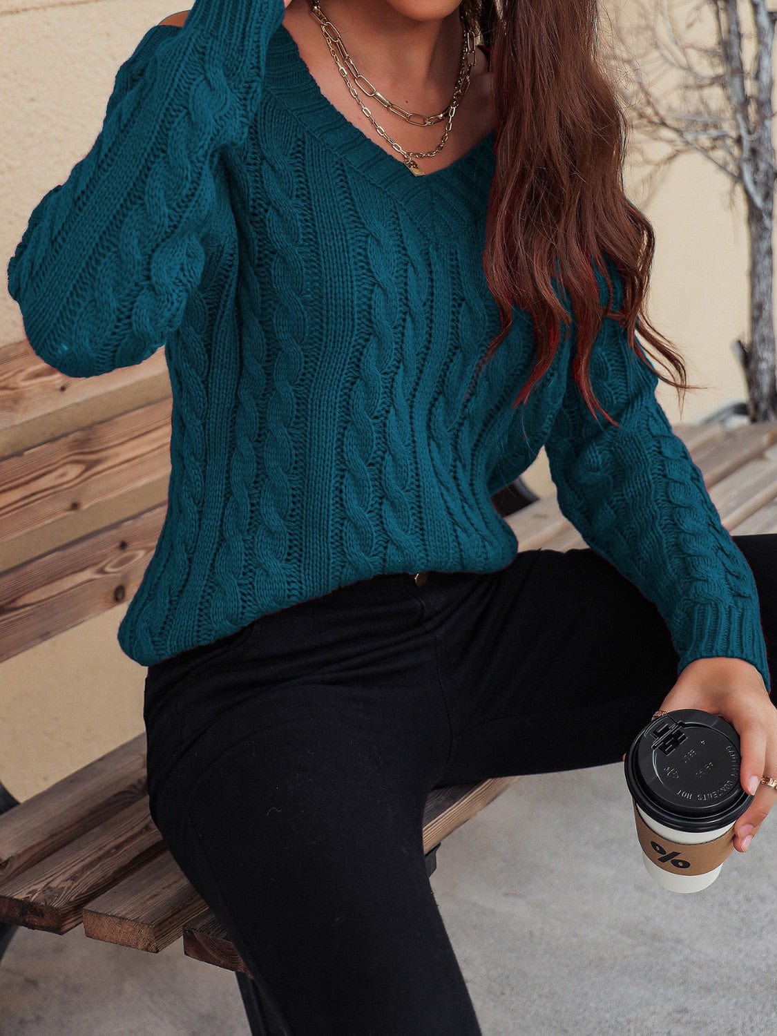 Honey Cable-Knit V-Neck Cold Shoulder Sweater - Trendsi