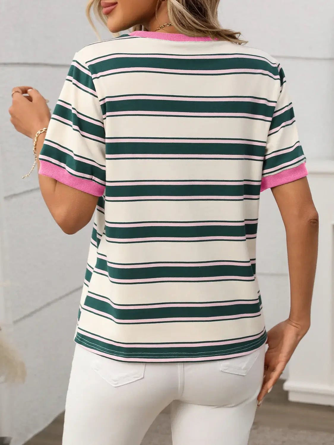 Contrast Striped Round Neck Short Sleeve T-Shirt - Trendsi - Flyclothing LLC