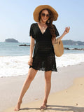 Openwork Plunge Short Sleeve Cover-Up Dress - Trendsi - Flyclothing LLC