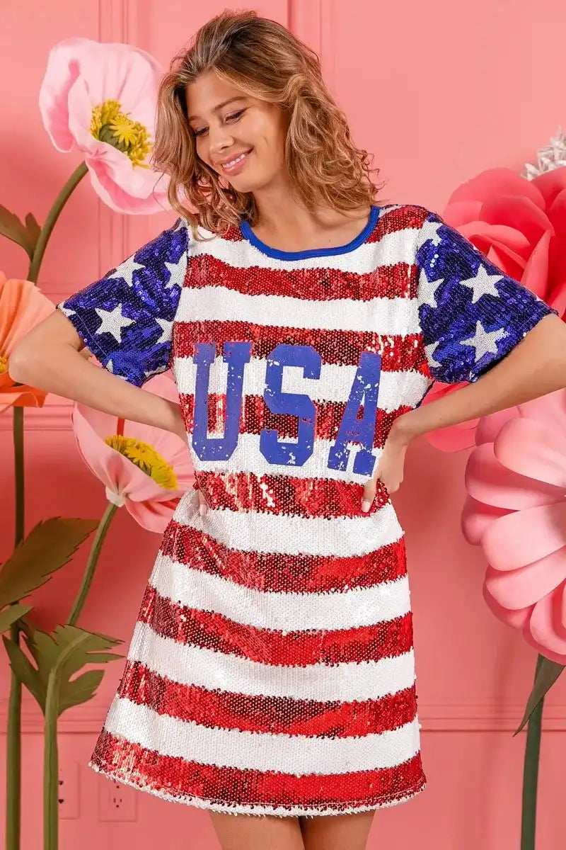 BiBi American Flag Theme Usa Print Sequin Dress - Trendsi - Flyclothing LLC