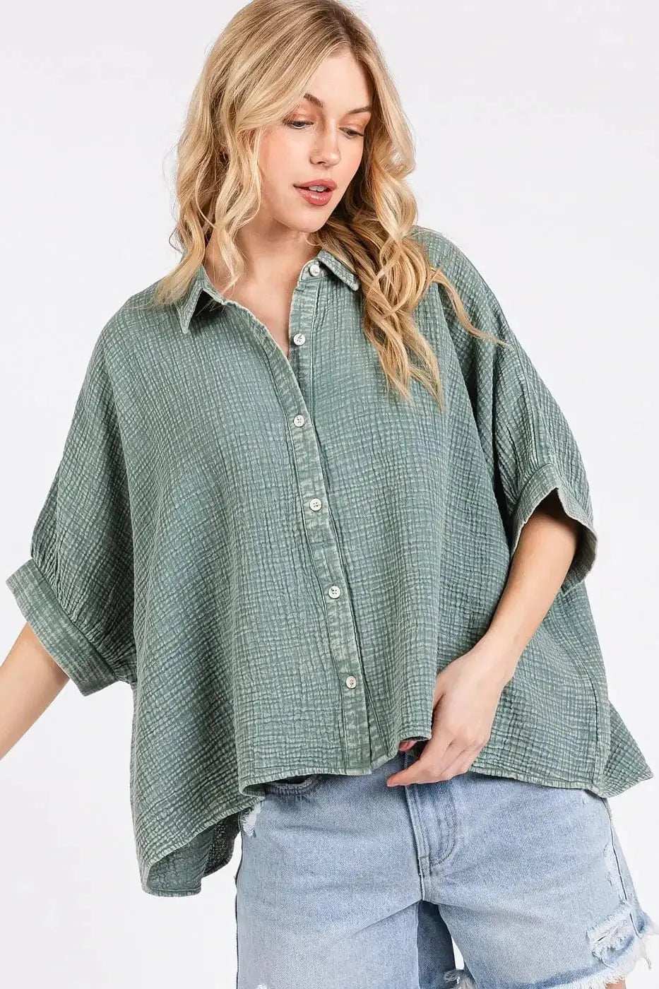 Mittoshop Mineral Wash Gauze Dolman Sleeve Button Down Shirt - Trendsi - Flyclothing LLC