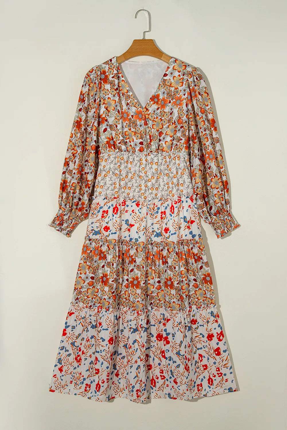 Full Size Printed V-Neck Lantern Sleeve Midi Dress - Trendsi - Flyclothing LLC