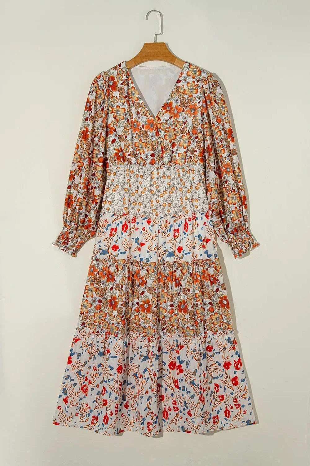 Full Size Printed V-Neck Lantern Sleeve Midi Dress - Trendsi - Flyclothing LLC