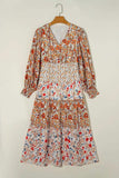 Full Size Printed V-Neck Lantern Sleeve Midi Dress - Trendsi - Flyclothing LLC