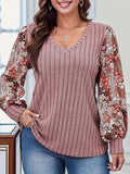 Printed V-Neck Long Sleeve T-Shirt - Trendsi - Flyclothing LLC