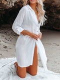 Button Up Roll-Tab Sleeve Cover-Up - Trendsi - Flyclothing LLC