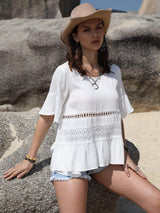 Lace Detail Round Neck Half Sleeve Blouse - Trendsi - Flyclothing LLC