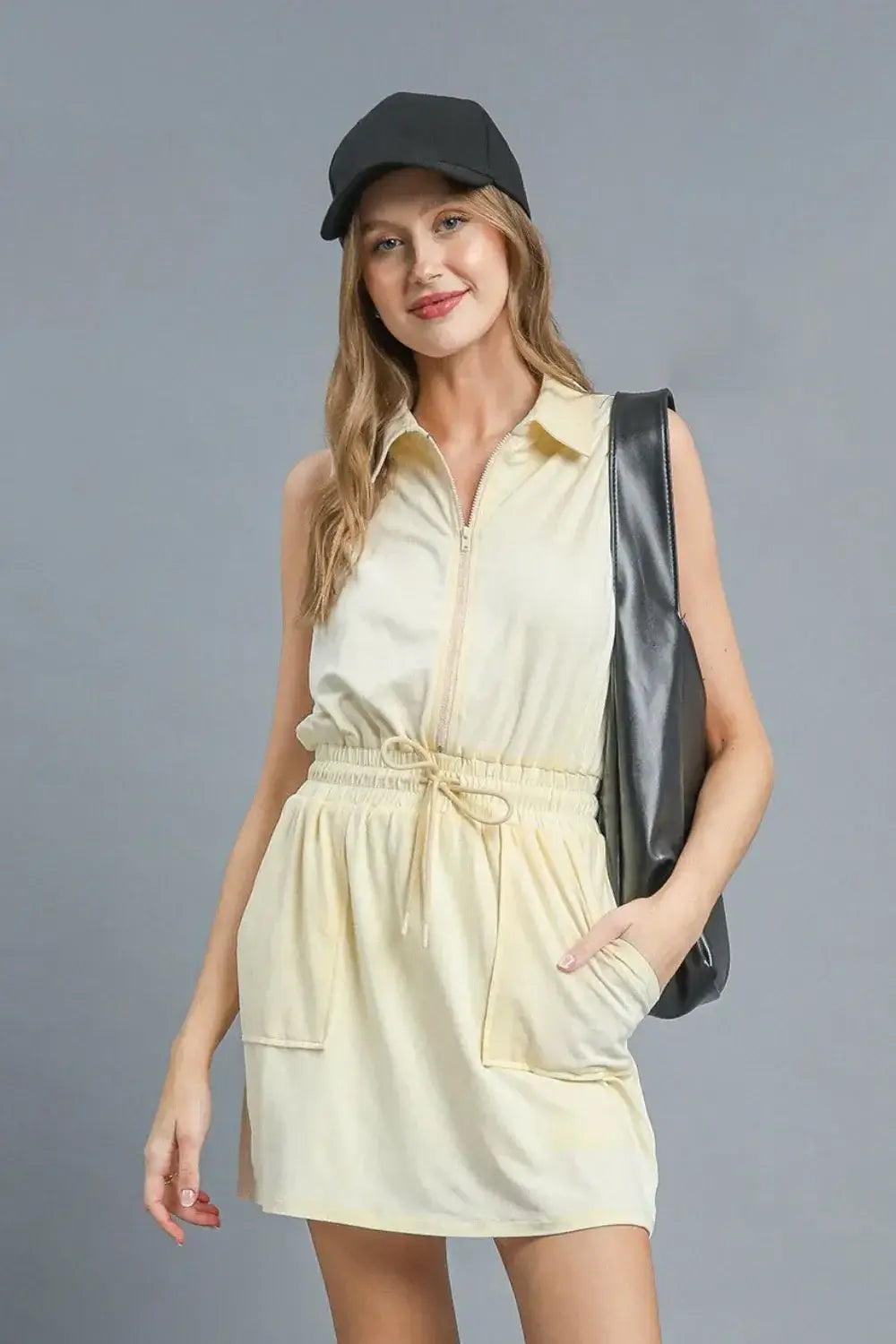 Umgee Zip Front Drawstring Waist Sleeveless Dress - Trendsi - Flyclothing LLC