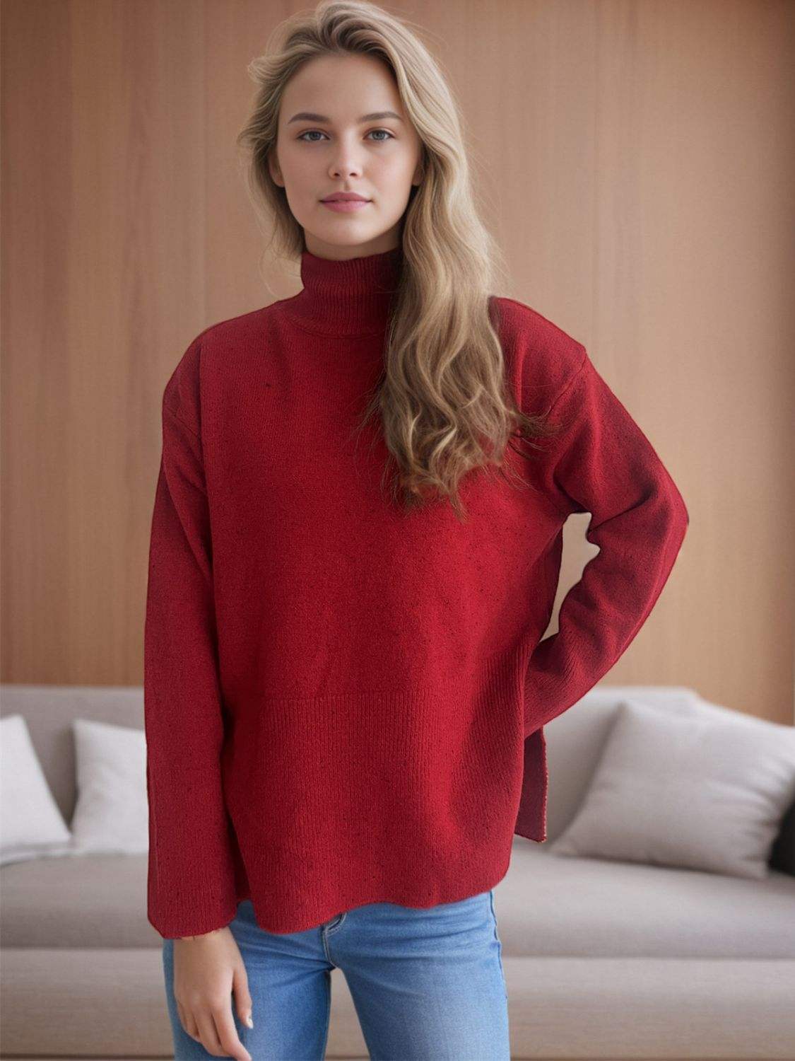 Side Slit Turtleneck Long Sleeve Sweater - Trendsi - Flyclothing LLC