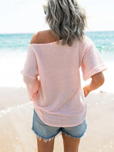 Waffle Knit Boat Neck Half Sleeve T-Shirt - Trendsi - Flyclothing LLC