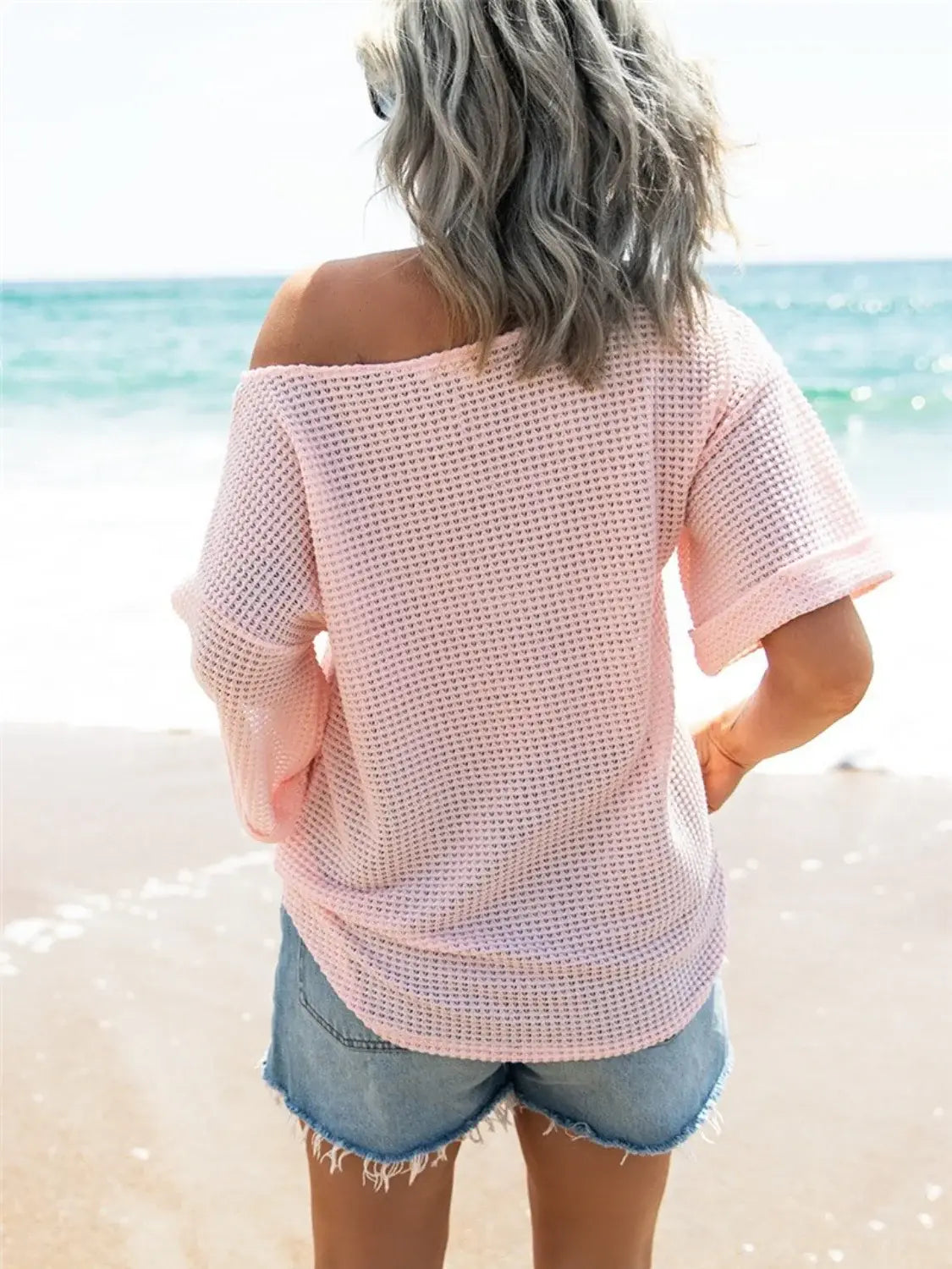 Waffle Knit Boat Neck Half Sleeve T-Shirt - Trendsi - Flyclothing LLC