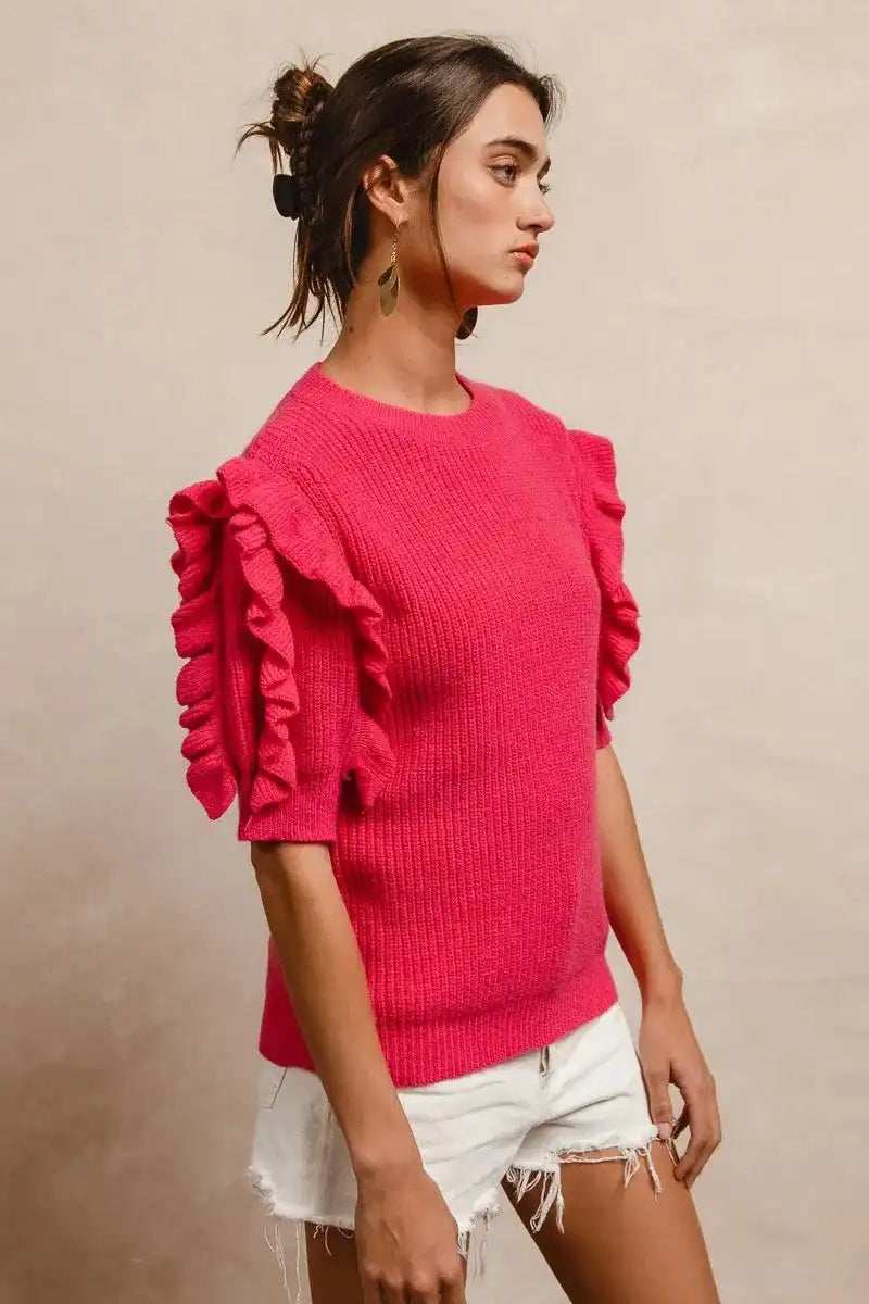 BiBi Ruffle Sleeve Ribbed Sweater - Trendsi - Flyclothing LLC