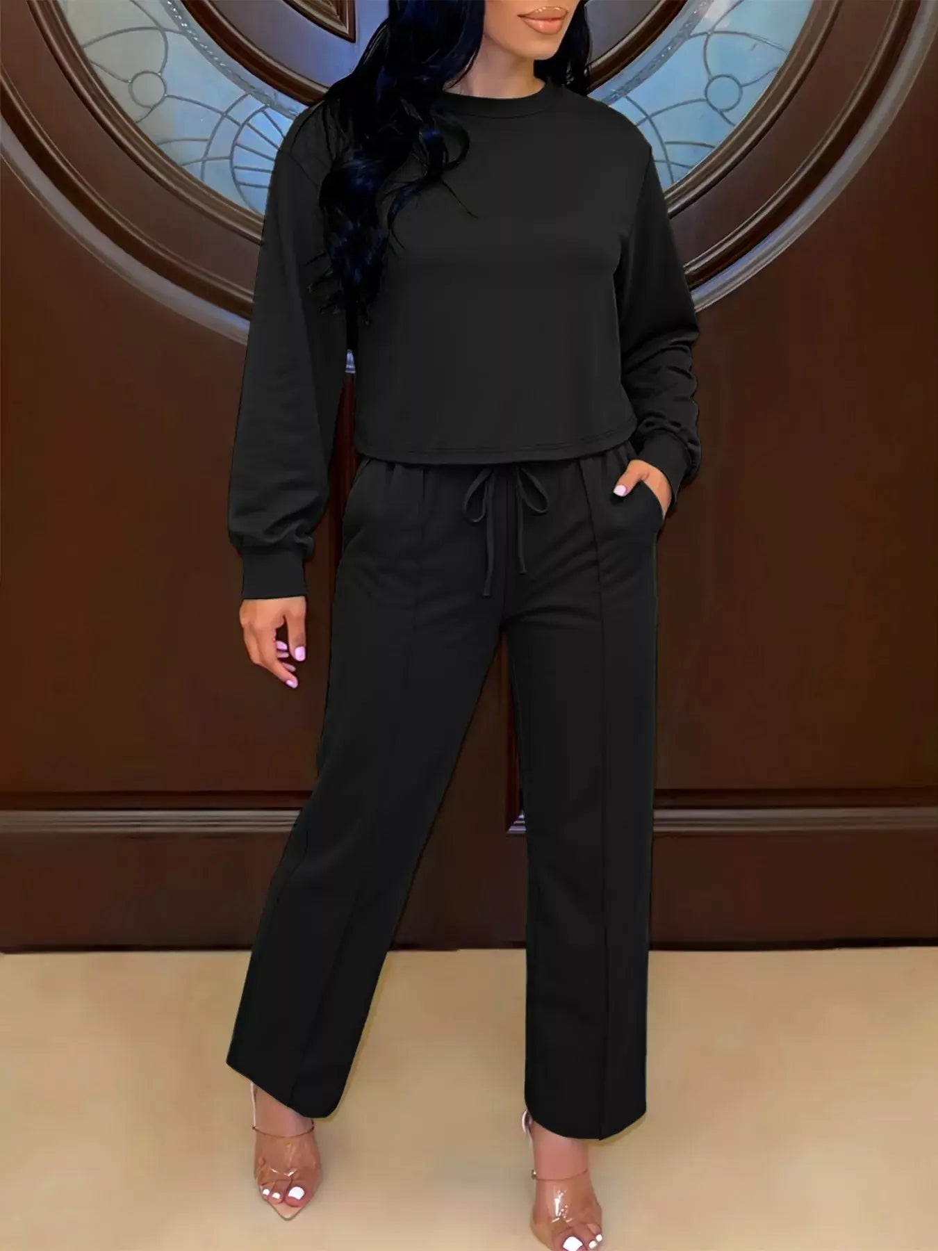 Solid Color Long Sleeve Top & Wide Leg Pants Set - Trendsi - Flyclothing LLC