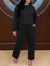 Solid Color Long Sleeve Top & Wide Leg Pants Set - Trendsi - Flyclothing LLC