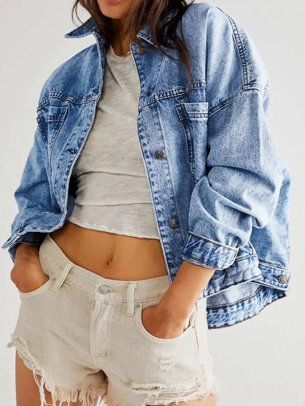 Pocketed Button Up Denim Jacket - Trendsi - Flyclothing LLC