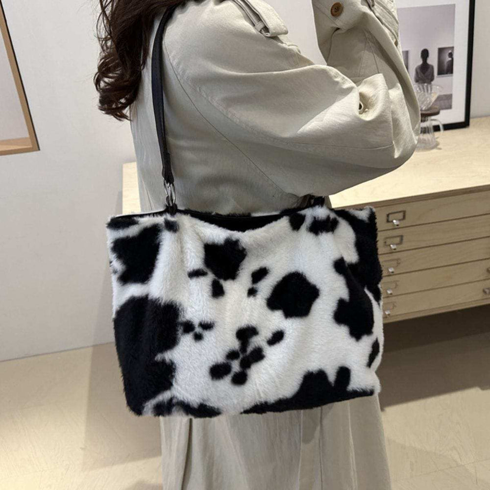 Cow Print Furry Tote Bag - Trendsi - Flyclothing LLC