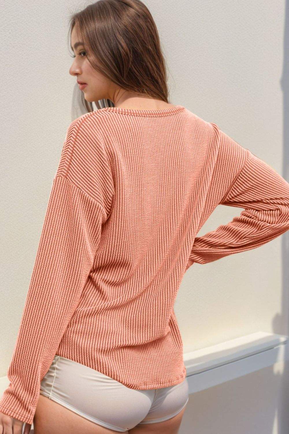 Double Take Striped Notched Long Sleeve T-Shirt - Trendsi - Flyclothing LLC