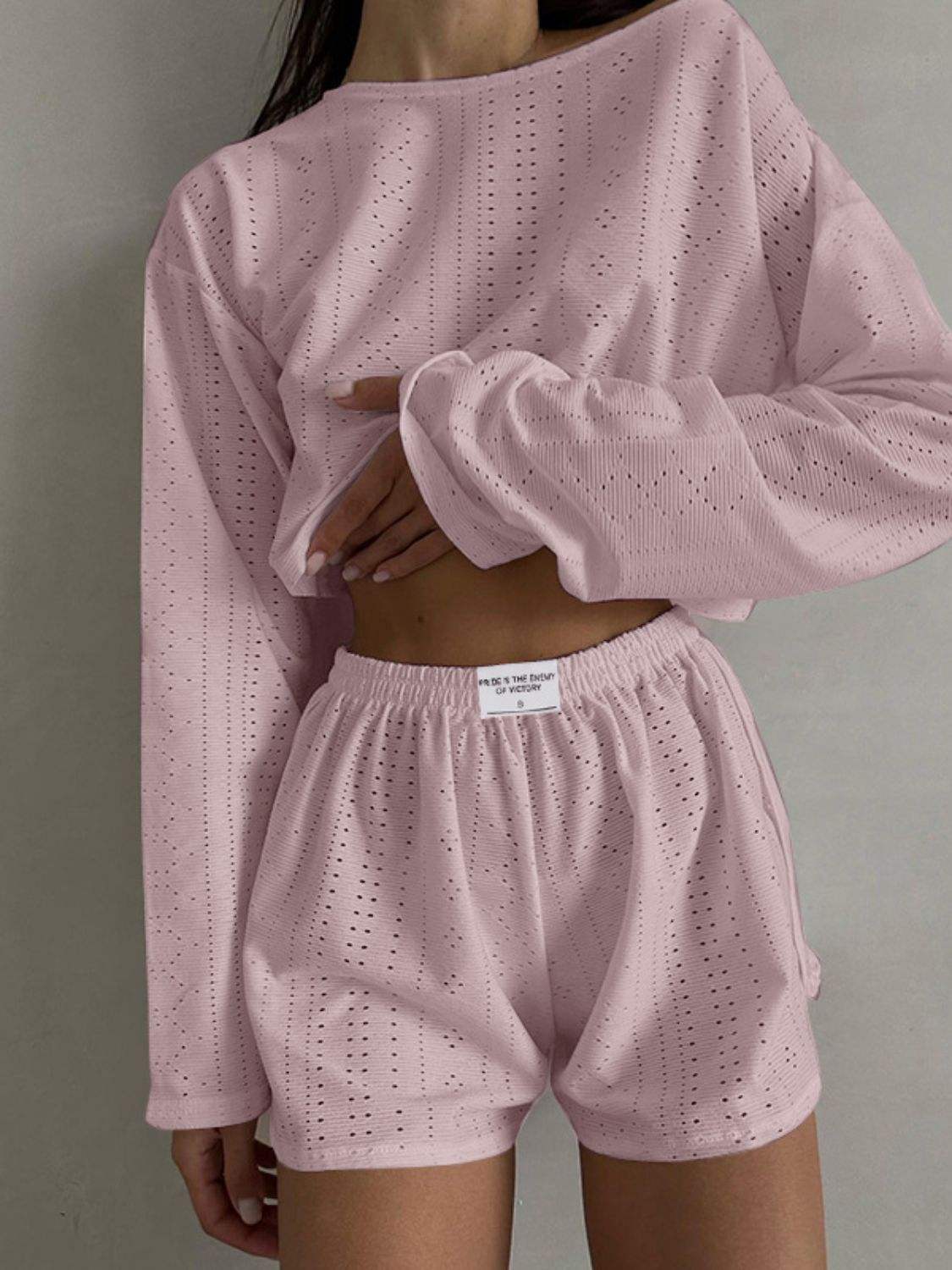 Eyelet Round Neck Top and Shorts Set - Trendsi - Flyclothing LLC