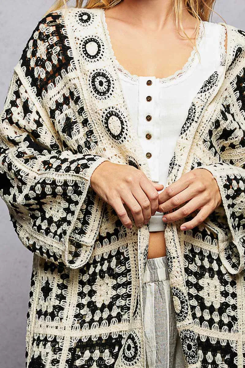 POL Open Front Crochet Cardigan with Granny Square Pattern - Trendsi - Flyclothing LLC