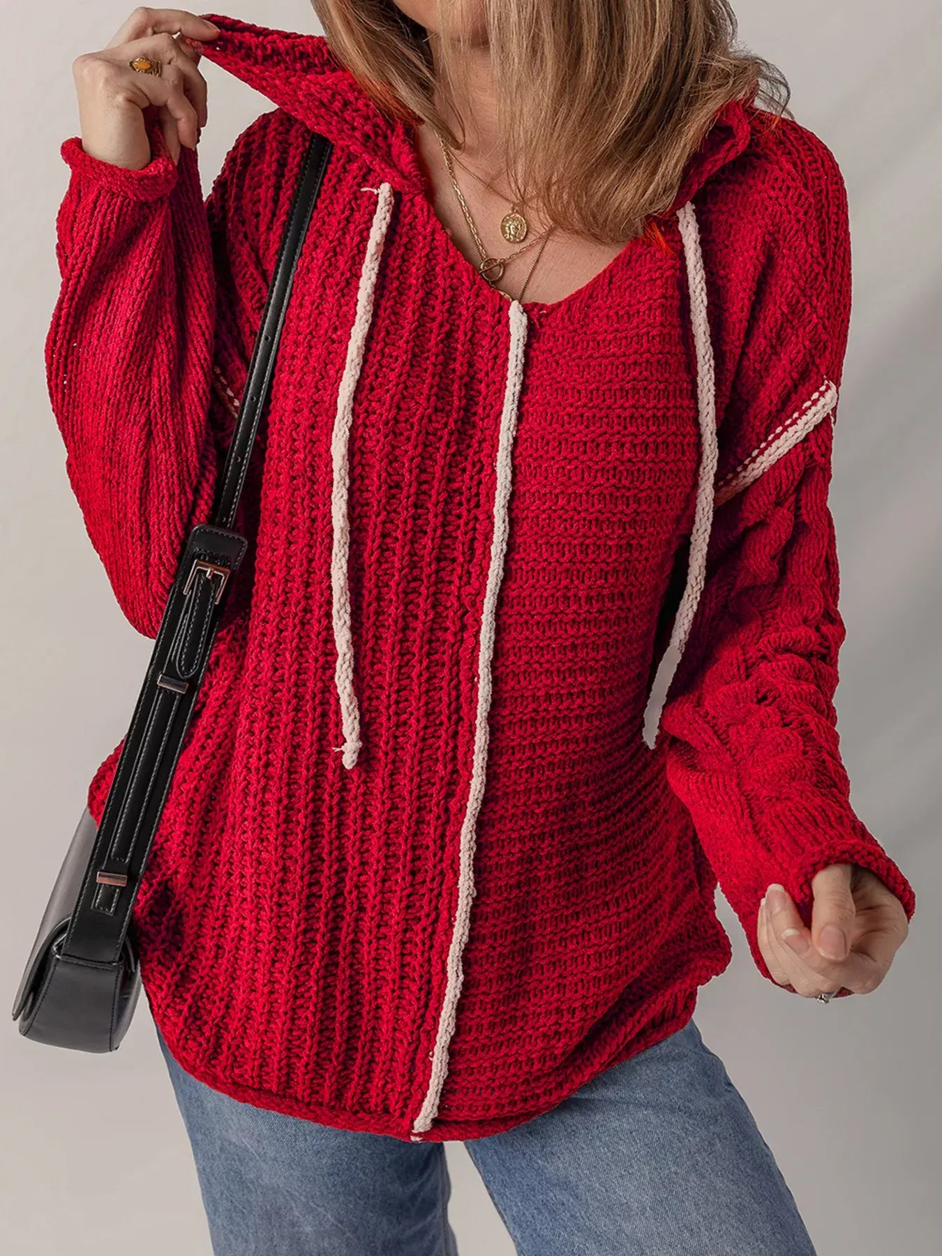 Contrast Trim Textured Knit Drawstring Hooded Sweater - Trendsi - Flyclothing LLC