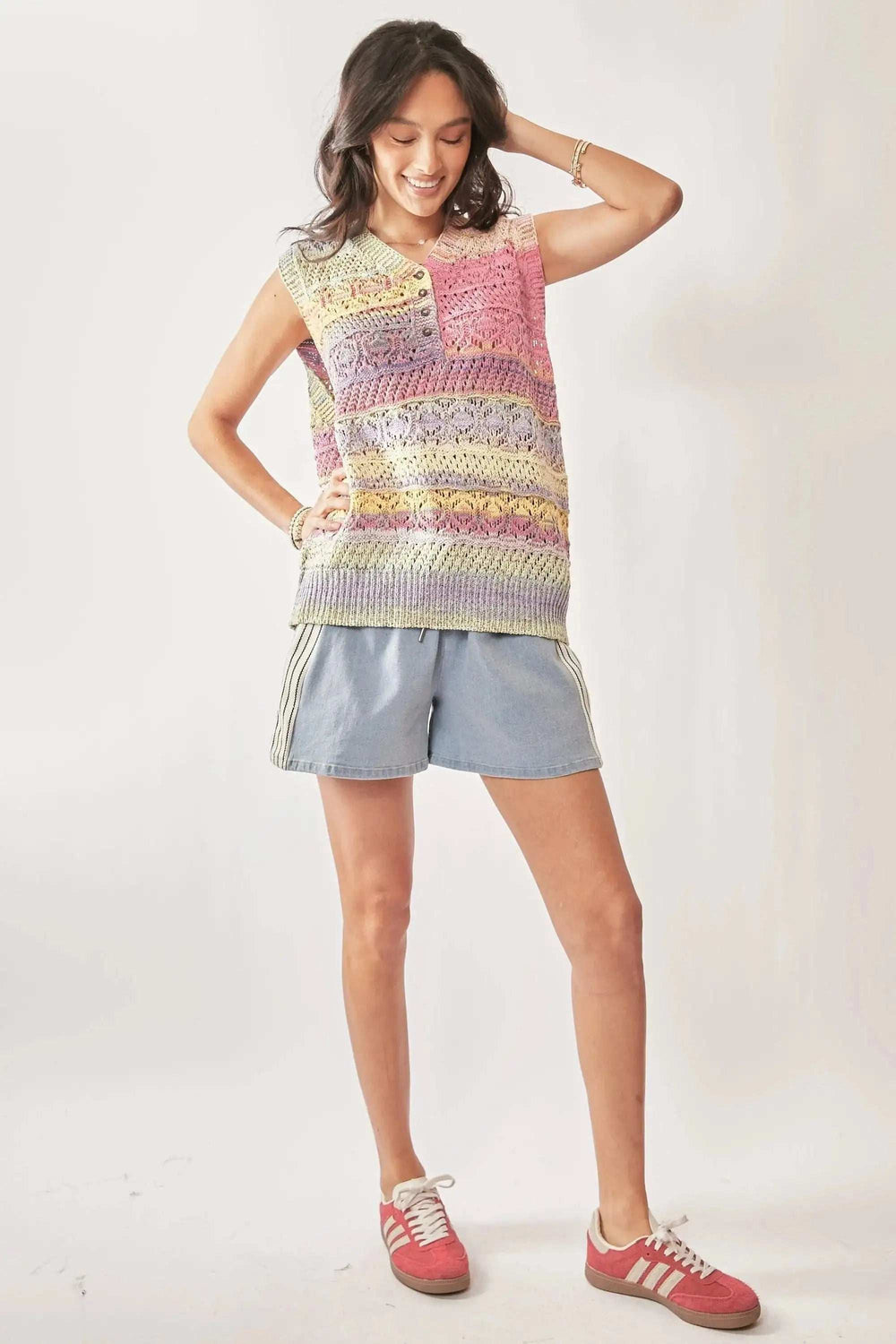 Davi & Dani Multi Color Crochet Sleeveless Knit Vest Top - Trendsi - Flyclothing LLC