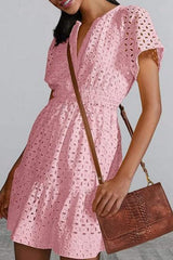 Eyelet Notched Short Sleeve Mini Dress - Trendsi - Flyclothing LLC