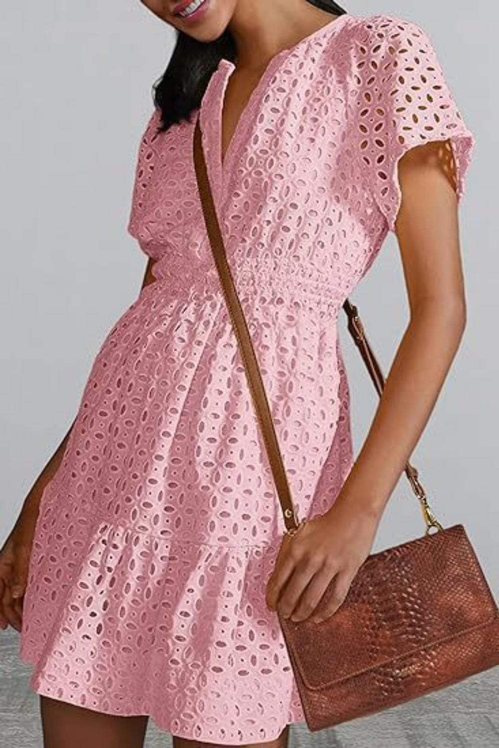 Eyelet Notched Short Sleeve Mini Dress - Trendsi - Flyclothing LLC