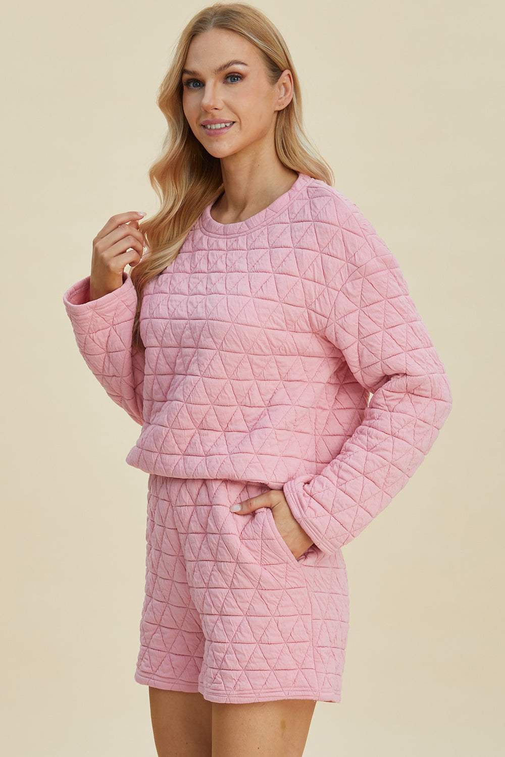 Double Take Full Size Texture Round Neck Long Sleeve Top and Shorts Set - Trendsi - Flyclothing LLC
