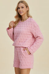Double Take Full Size Texture Round Neck Long Sleeve Top and Shorts Set - Trendsi