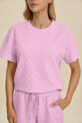 Double Take Full Size Texture Round Neck Short Sleeve Top and Pants Set - Trendsi - Flyclothing LLC