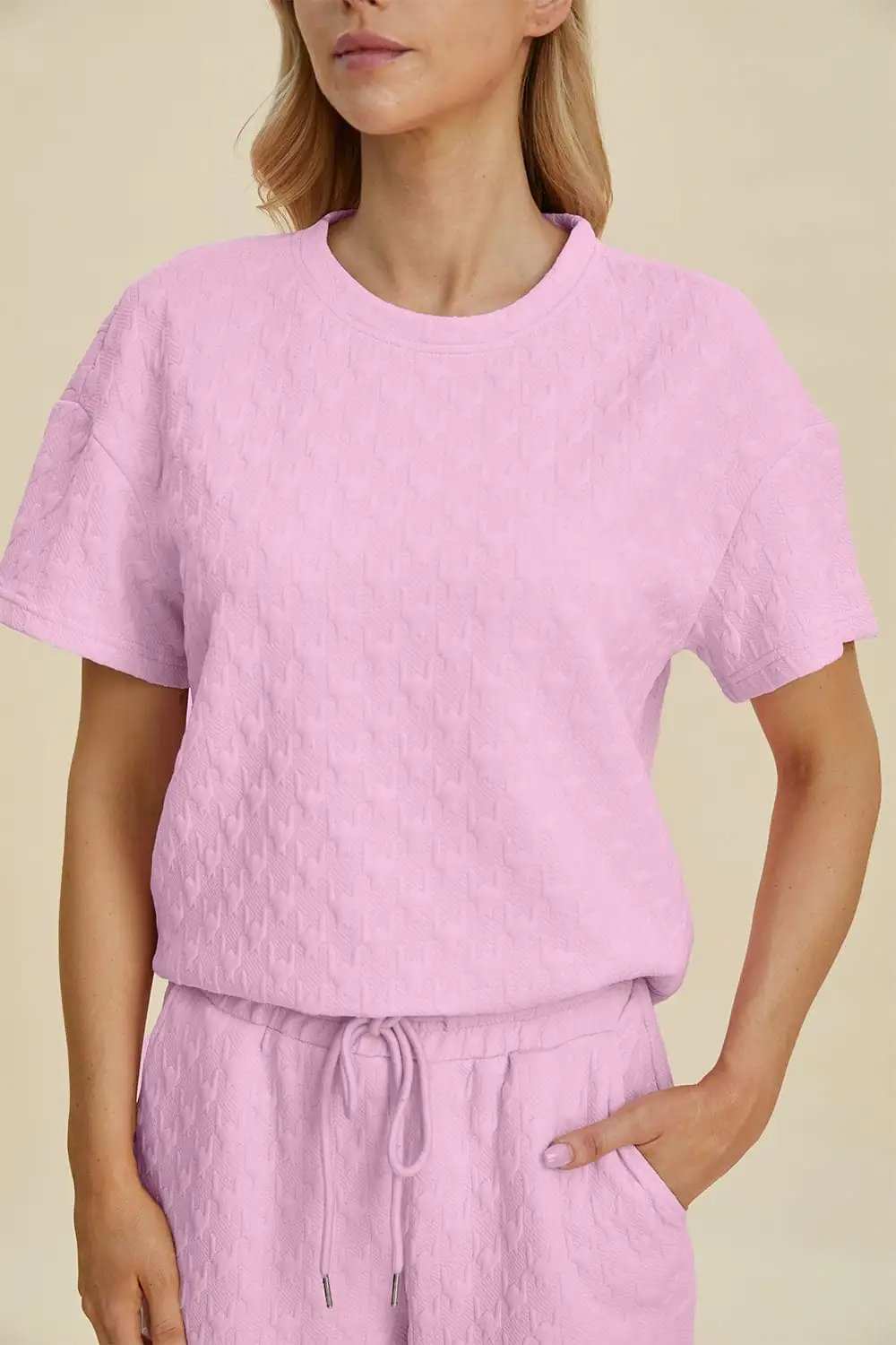 Double Take Full Size Texture Round Neck Short Sleeve Top and Pants Set - Trendsi - Flyclothing LLC