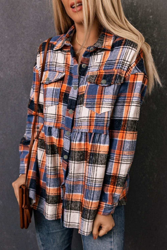 Plaid Collared Neck Long Sleeve Shirt - Trendsi - Flyclothing LLC