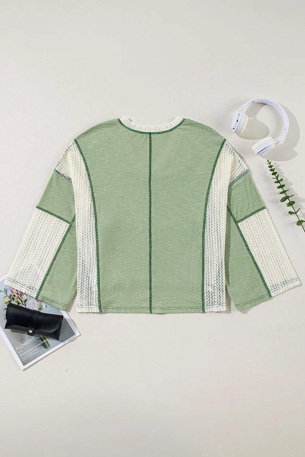 Lace Detail Contrast V-Neck Long Sleeve Blouse - Trendsi - Flyclothing LLC