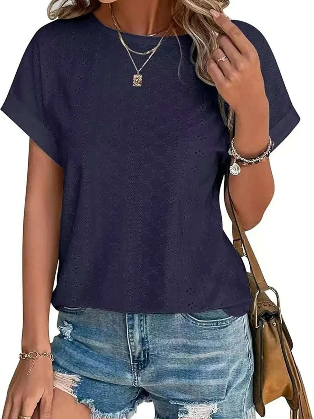 Eyelet Round Neck Short Sleeve Top - Trendsi - Flyclothing LLC