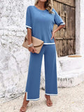 Contrast Trim Round Neck Top and Pants Set - Trendsi - Flyclothing LLC