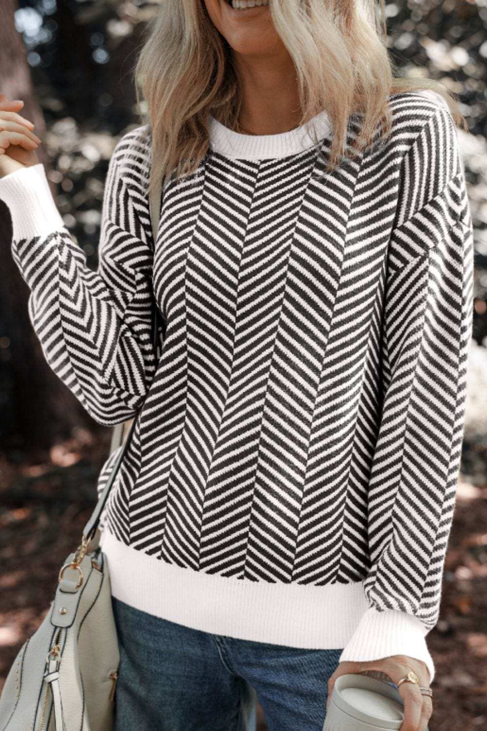Striped Round Neck Long Sleeve Sweater - Trendsi - Flyclothing LLC