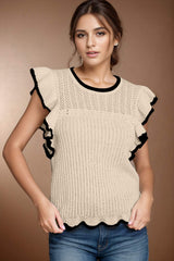 Ruffled Round Neck Cap Sleeve Knit Top - Trendsi - Flyclothing LLC