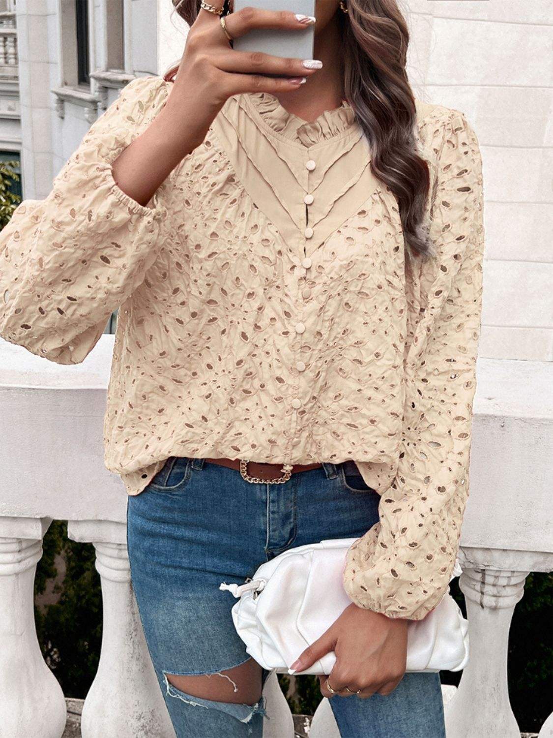 Frill Round Neck Long Sleeve Shirt - Trendsi - Flyclothing LLC